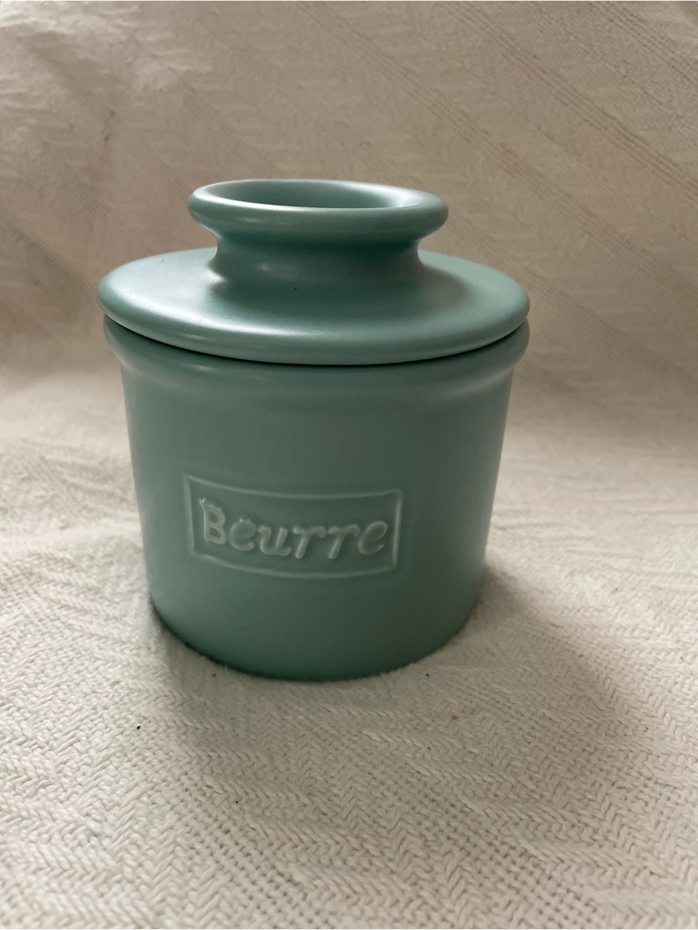 Seafoam Green Ceramic Butter Crock - Beurre Embossed
